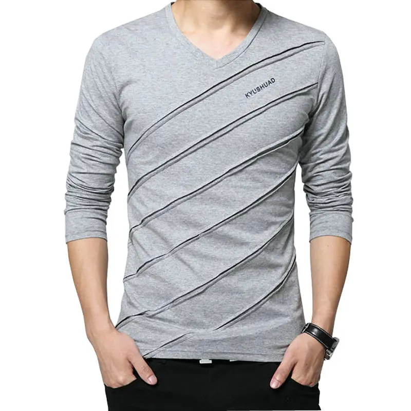 

2018 Spring New Men T-Shirt Long Sleeve Cotton Casual Slim Solid V-neck Men T Shirt Tee Shirt Homme