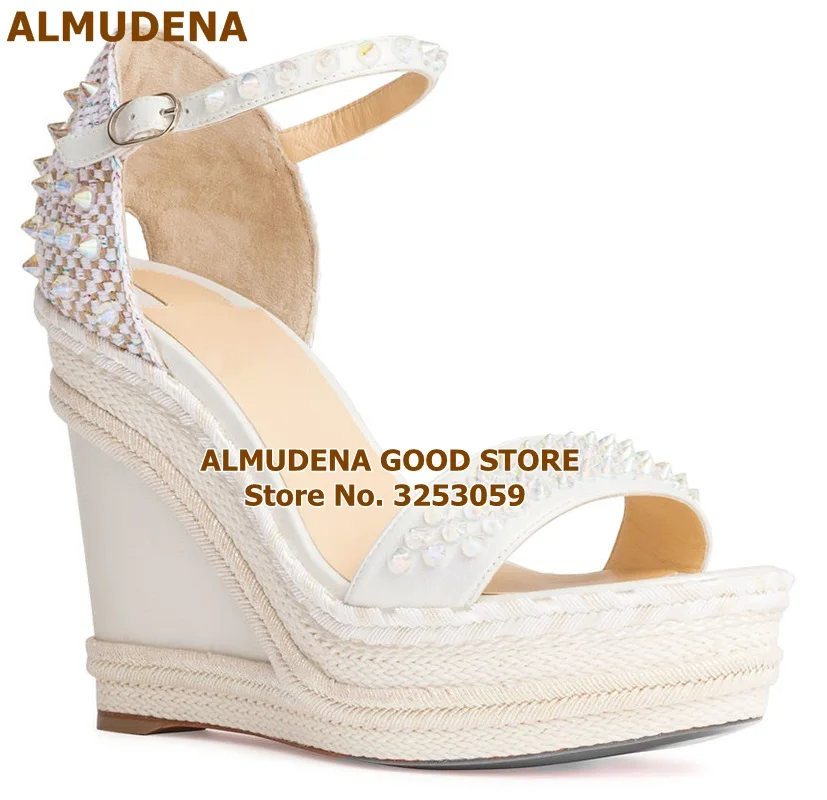 

ALMUDENA Designer Wedges Gladiator Sandals Platform Bradied White Beige Black Rivets Wedding Shoes Studded Embellished Pumps