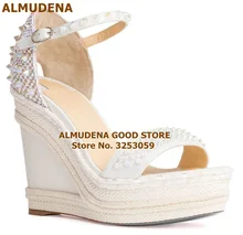 ALMUDENA Designer Wedges Gladiator Sandals Platform Bradied White Beige Black Rivets Wedding Shoes Studded Embellished Pumps black fashion jewelry embellished flat sandals