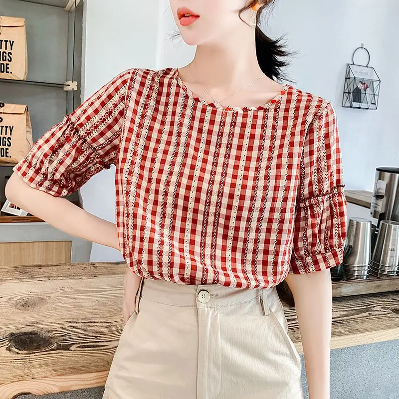  New Cute Women Shirts Plaid Short Sleeve Chiffon O-Neck Small Blouse Shirt Grey It All 588