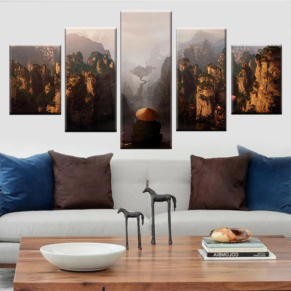 

HD printing modular 5 pieces mountain natural landscape painting poster canvas wall art living room Nordic home decoration