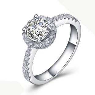 

New Design Long Lasting 1CT Promise Halo Style SONA Diamond Ring White Gold Cover Sterling Silver Ring