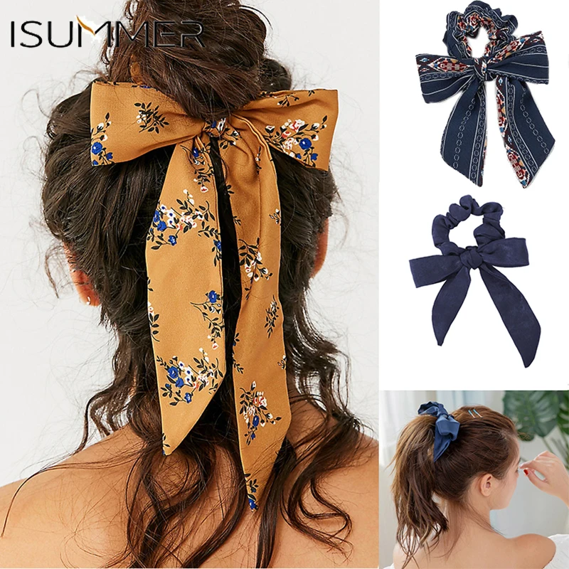 

New Design Floral Print Women Hair Scarf Elastic Bohemian Hairband Scrunchie Bow Hair Rubber Ropes Girls Hair Ties Accessories
