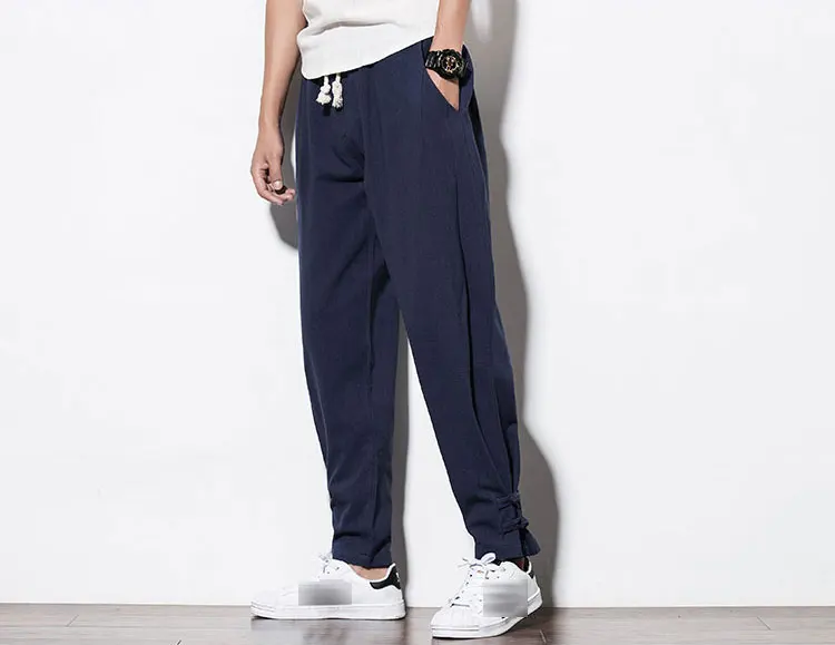 Autumn Harem Pants Men Pure Linen Pants Drawstring Flax Hemp Trousers Hip Hop Loose Vintage long Pants Casual Joggers