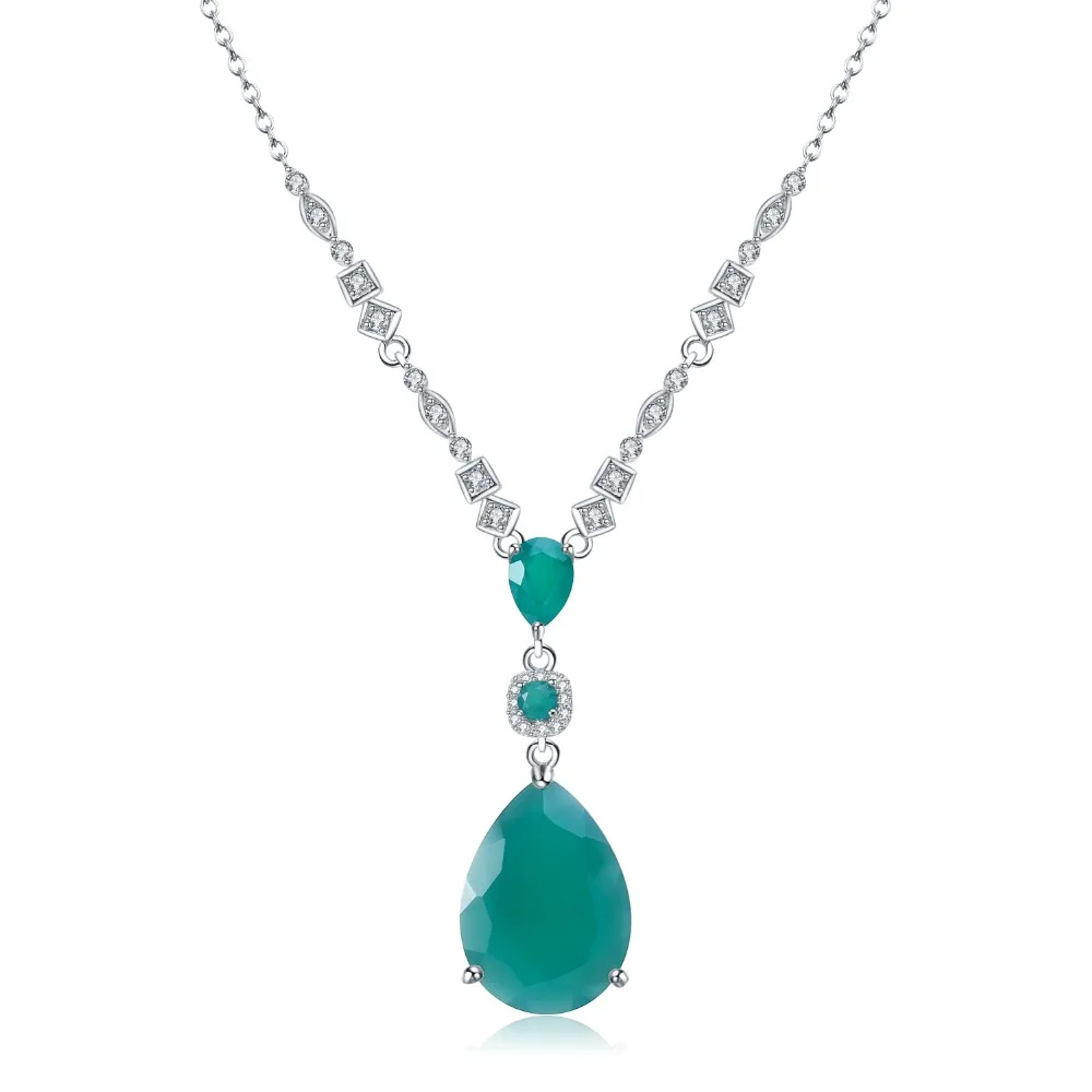

GEM'S BALLET Genuine 925 Sterling Silver Vintage Pendant Natural Green Agate Water Drop Gemstone Necklace Fine Jewelry for Women