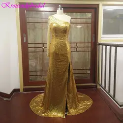 ZGS124 vestido de festa красивые роскошные спереди вечерние платья с разрезом на одно плечо Винтаж золотые платья для выпускного вечера со стразами