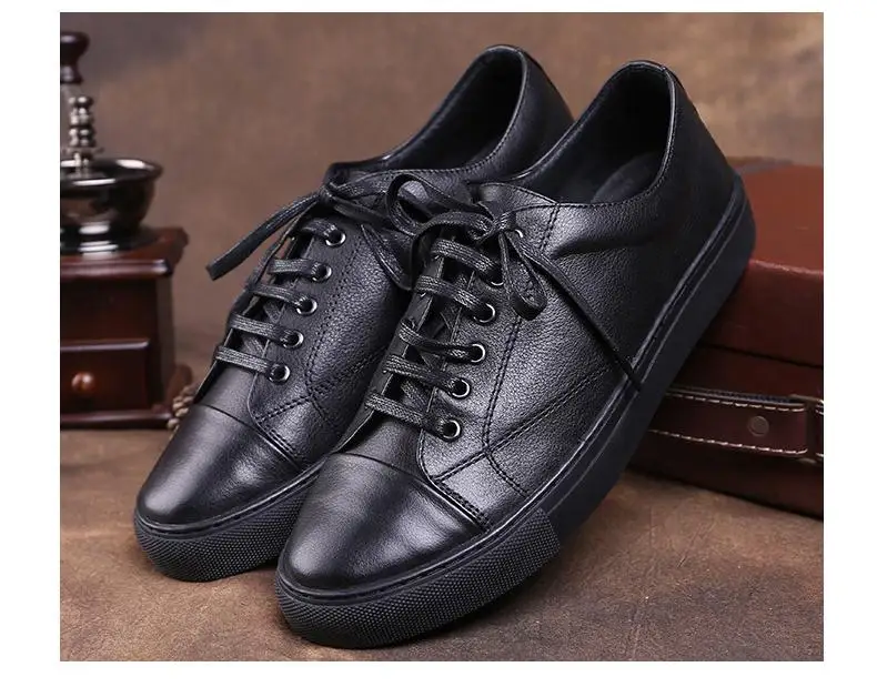 Новый Весна-осень черный белый натуральная кожа спортивная, повседневная мужская обувь с круглым носком на шнуровке повседневные обувь