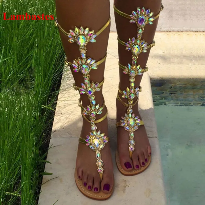 

Gold Bohemia Rhinestone Design Sexy Sandalias Mujer Feminino Buckle Strap Flip Flop Rome Walkway Beach Open Toe Women Sandals