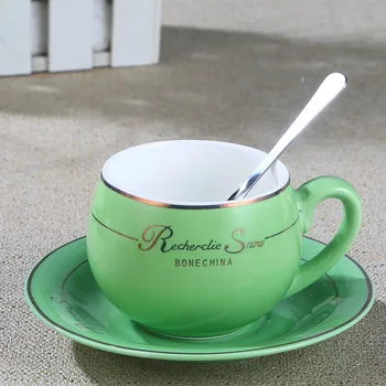 

300ml Glaze Ceramic Cup Saucer Set with spoon,Creative Candy color Porcelain coffee cup simple afternoon tea set Free Shipping