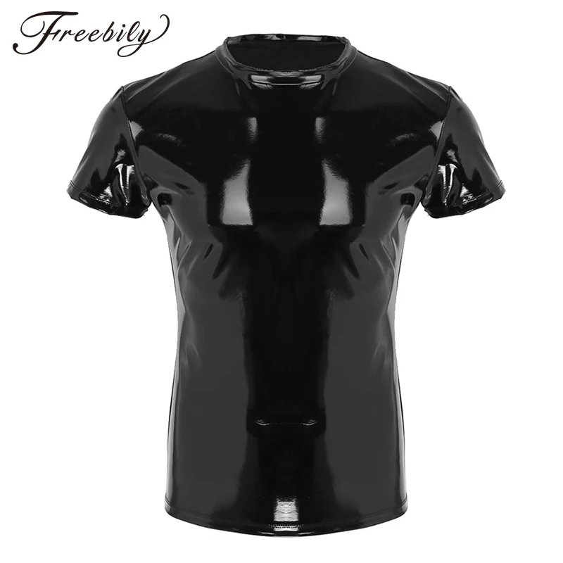 

High Quality Sexy Men's Fun Faux Leather Black T-Shirt Tops Tees Men Wet Look Fetish Latex DS Nightclub Catsuit Exotic T Shirts