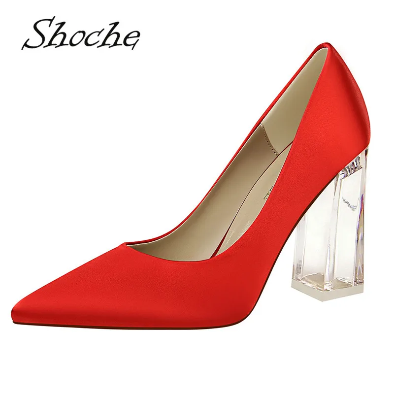 

Shoche Clear Block Heel Fashion Pumps Women High Heels Shoes Yellow Pink Party Pumps Female Slip On Transparent Heel Shoes