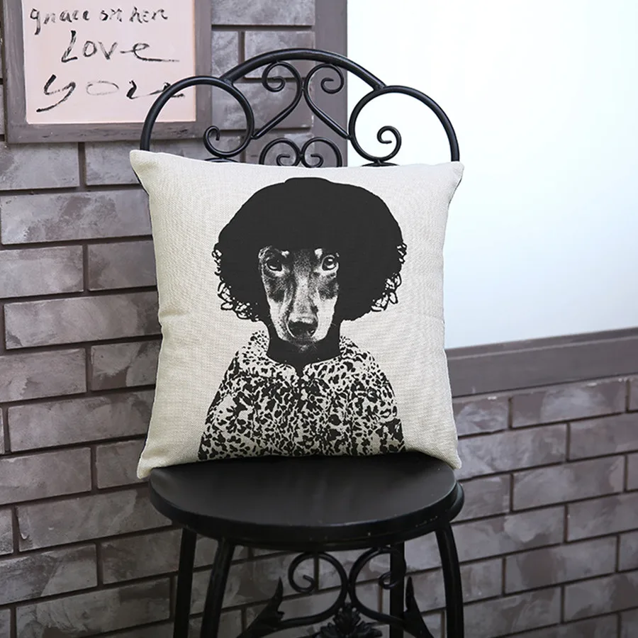 خمر الأسود والأبيض الكلب القط الحيوان وسادة المخدة بارد رجل المنزل الديكور غرفة مكتب أريكة كرسي الكتان رمي الوسائد