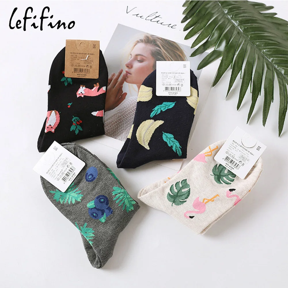 Женские милые носки с тропическими растениями, пальмовыми листьями, лист подорожника японского банана, лисы, фламинго, черники, забавные носки для девочек, Le66440