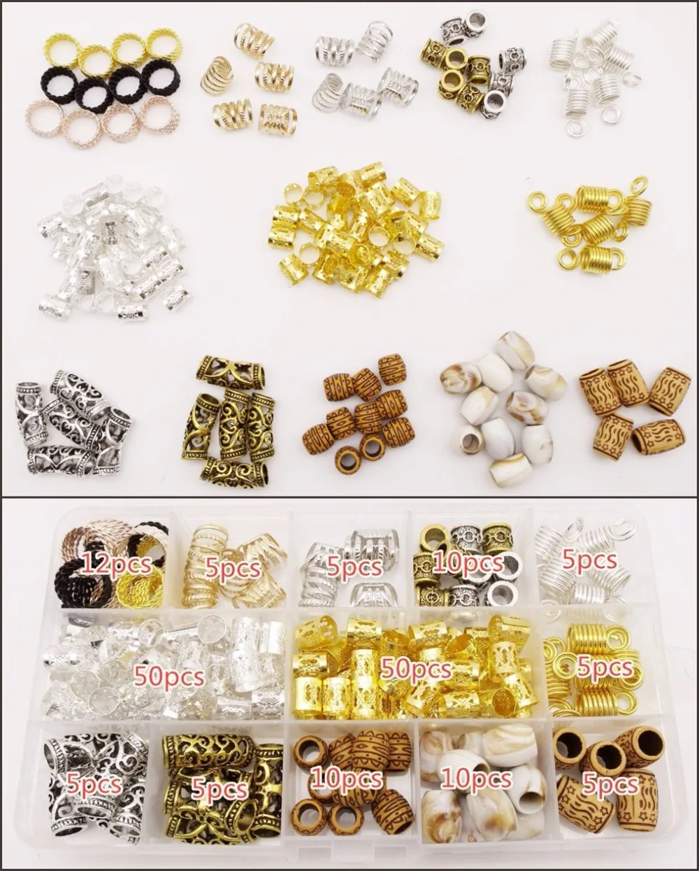 

177 pcs/box Mix different Metal Acrylic Hair braid Dreadlocks Beads Clips Hair Decoration Accessories with Storage Box