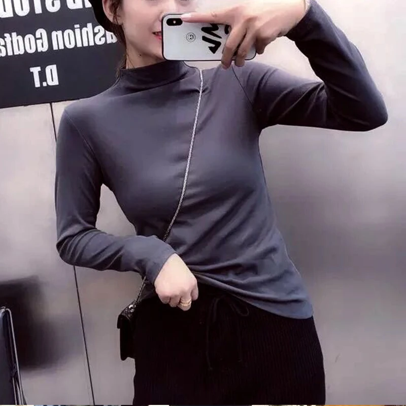 Basic Colorful Turtleneck T shirts Women 2019 Spring Long Sleeve Casual Solid Cotton Tshirt Female Plus Size With Velvet