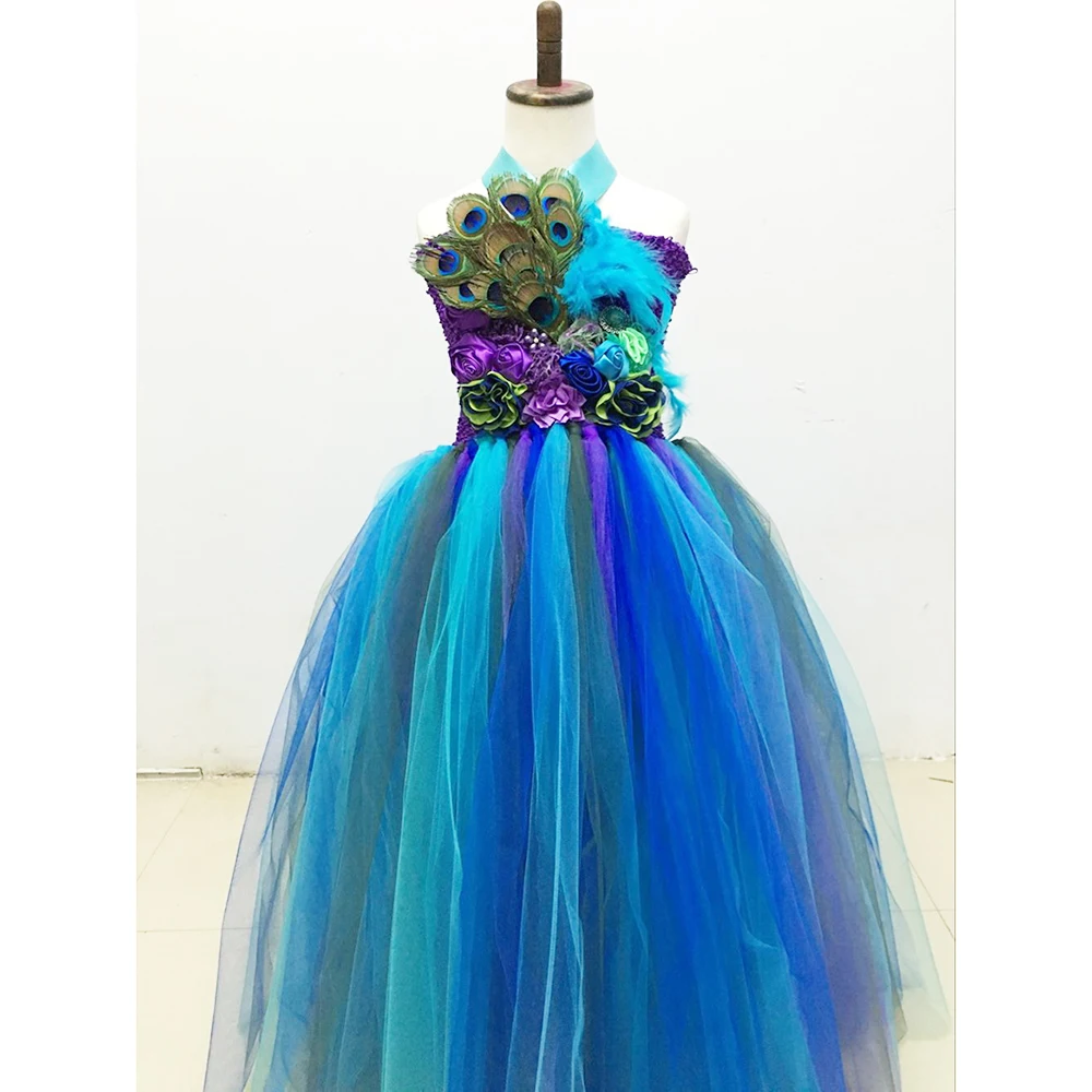 Elegant Princess Girl Peacock Dress for Kids Christmas Halloween Cosplay Tutu Dress Costume Flower Girl Feather Wedding Dress (5)
