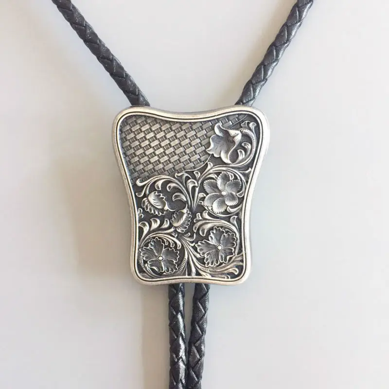 

New Vintage Silver Plated Carving Braided Flowers Western Bolo Tie Necklace