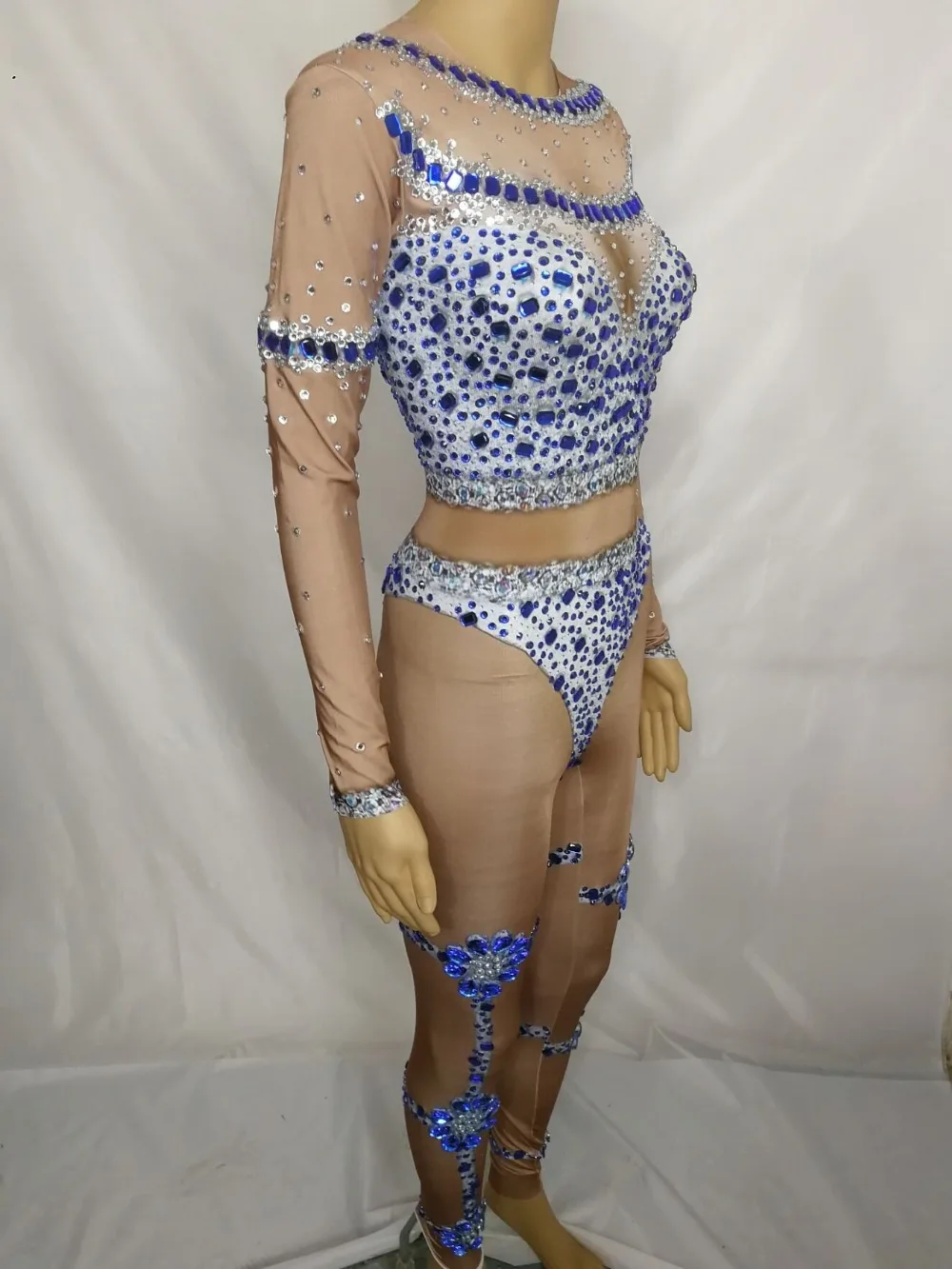 Королевский с синими стразами стрейч комбинезон-трико костюм Go-Go для певицы для сцены износ вечерние шоу танцевальная одежда производительность боди