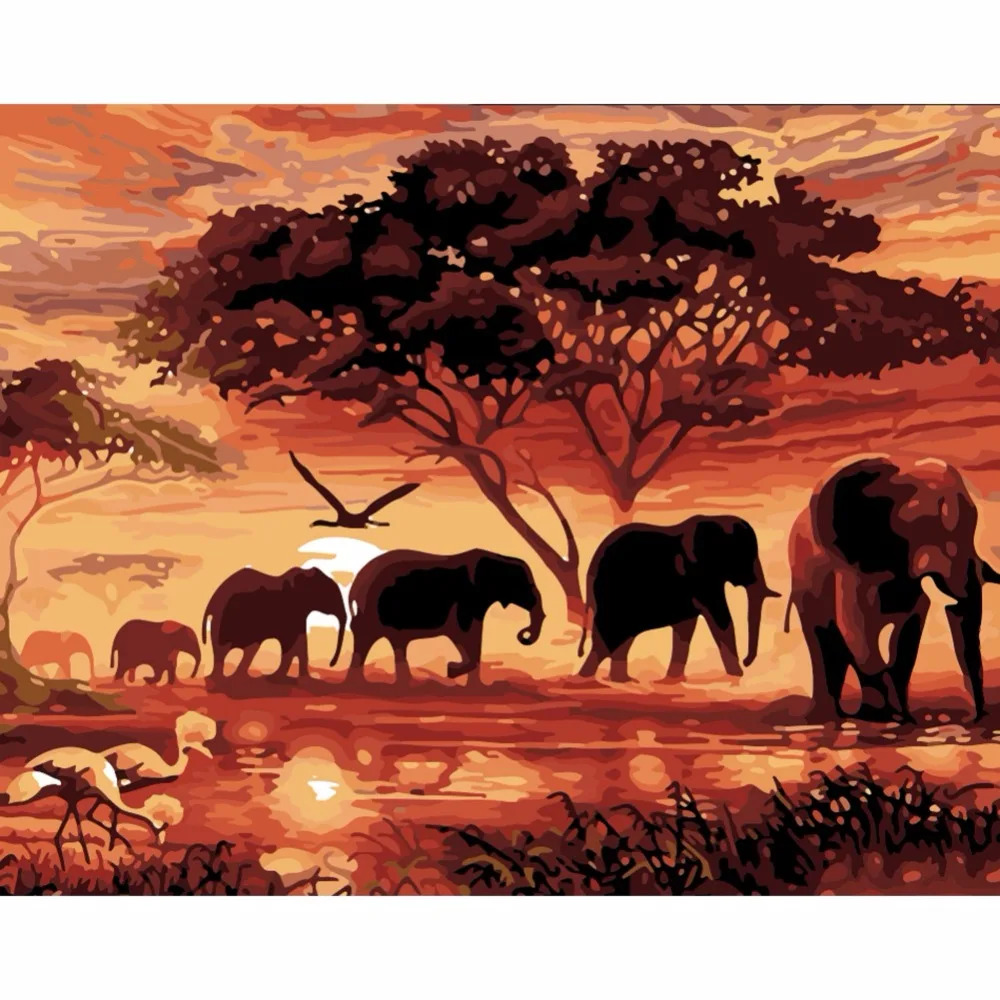 

DIY Diamond Painting 5D Semifinished Landscape Elephant Group Dusk Sunset Home Living Room Bedroom Office Decoration