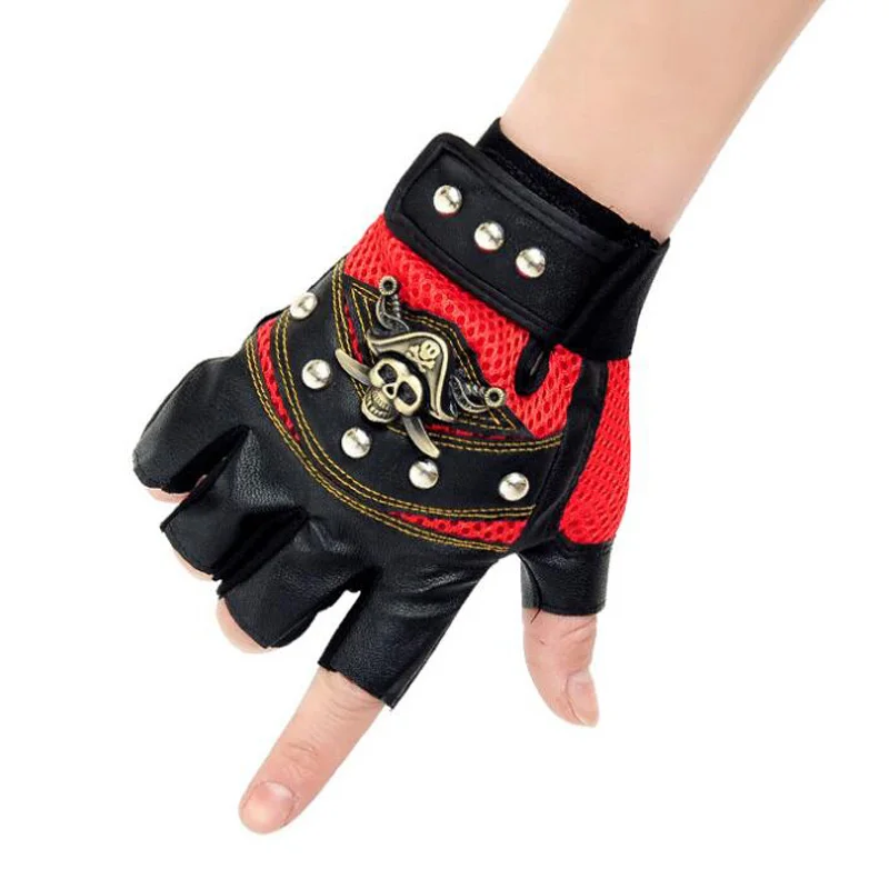 LZEEM Womens Mens Punk Rock Pirate Skull Leather Gloves 1 Pair,Vintage Motorcycle Captain Skeletal Rivet Driving Fingerless Mitten Gothic Anti-Slip
