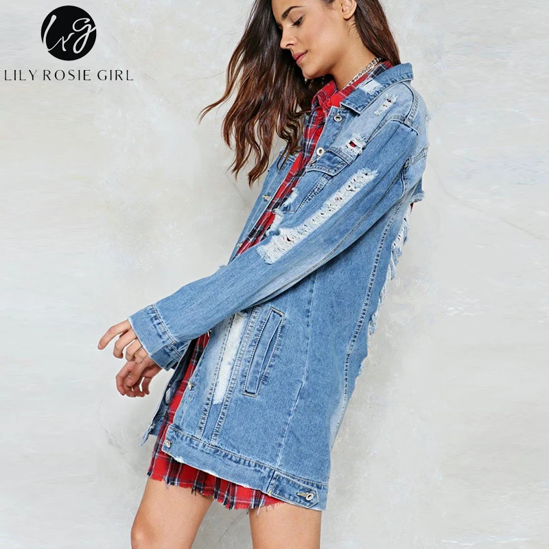 Lily Rosie Girl Blue Ripped Hollow Out Denim Jacket Casual Pocket Long Coat Autumn Winter 2017 Womens Basic Outwear Streetwear