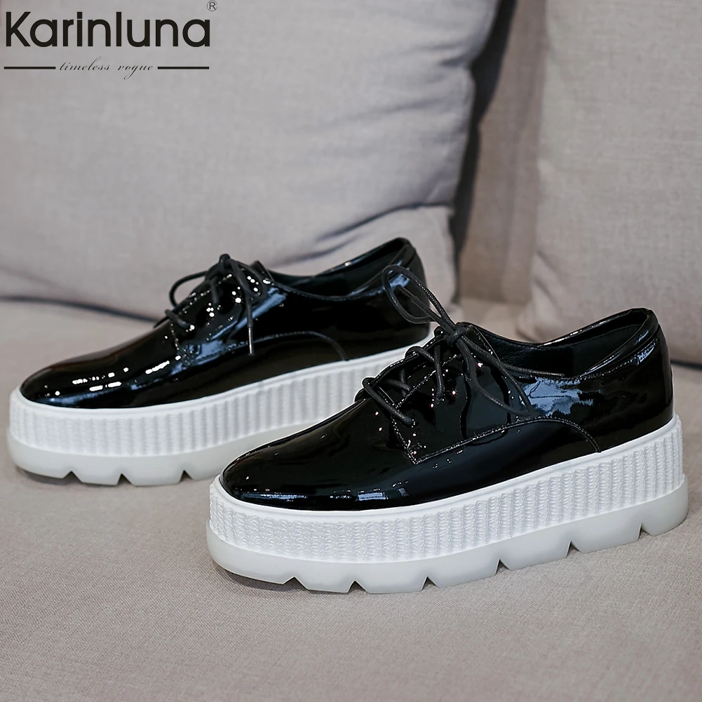 

brand design patent leather quality flat platform women shoes lady lace up leisure INS hot fashion shoes woman flats