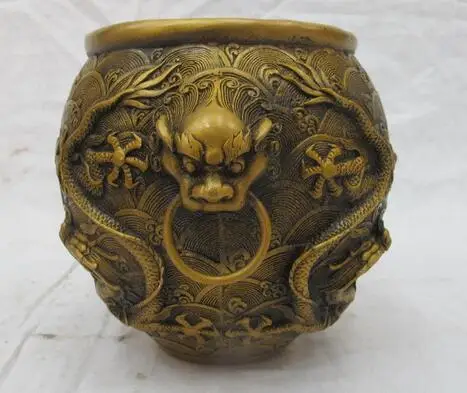 

B0601 512China Bronze Two Dragon play ball Lion Bead Bowl Tank Pot Incense Burner statue