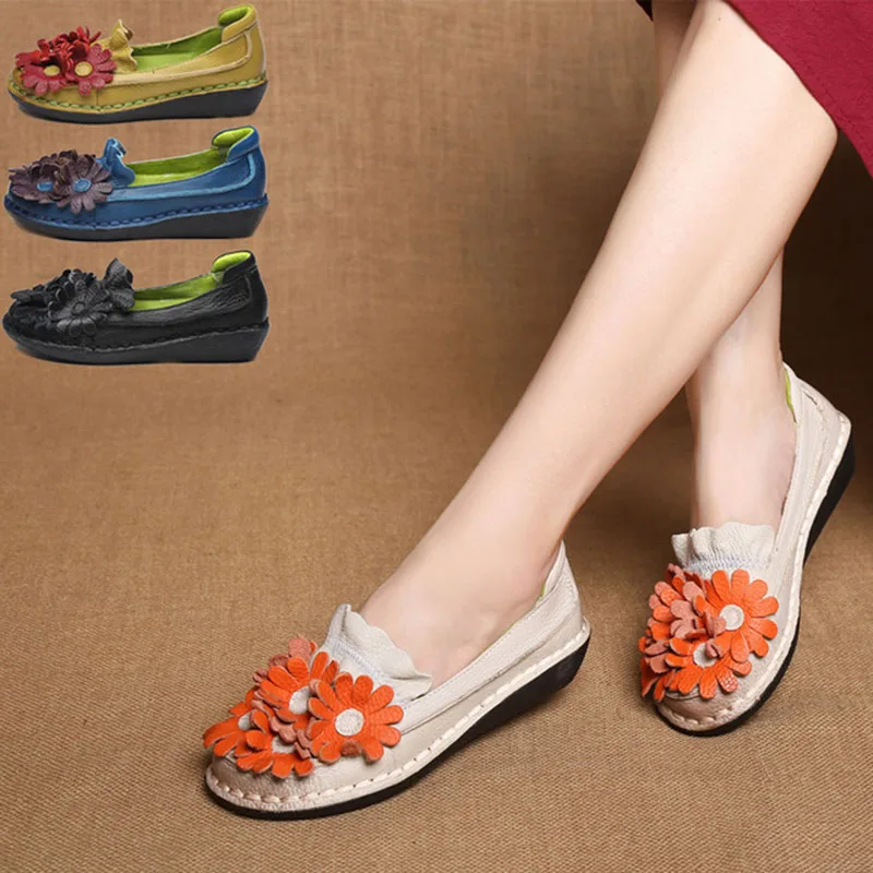 

Women Loafers ethnic Genuine Split Leather Platform Flat Heels Slip On Round Toe Flower Sandals Ladies Shoes Zapatos Mujer 8661W