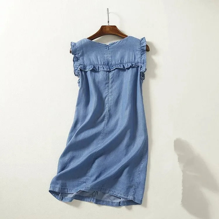 Summer Sleeveless Mini Soft Jeans Dress Women Frilled Ruffles Dress Casual Sundress Short Denim Beach Dress