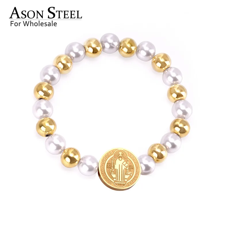 

Femme Religion Pendant Imitation Pearl Bead Bracelets Silver Gold Stainless Steel Curb Cuban Chain Bracelet for Women Jewelry