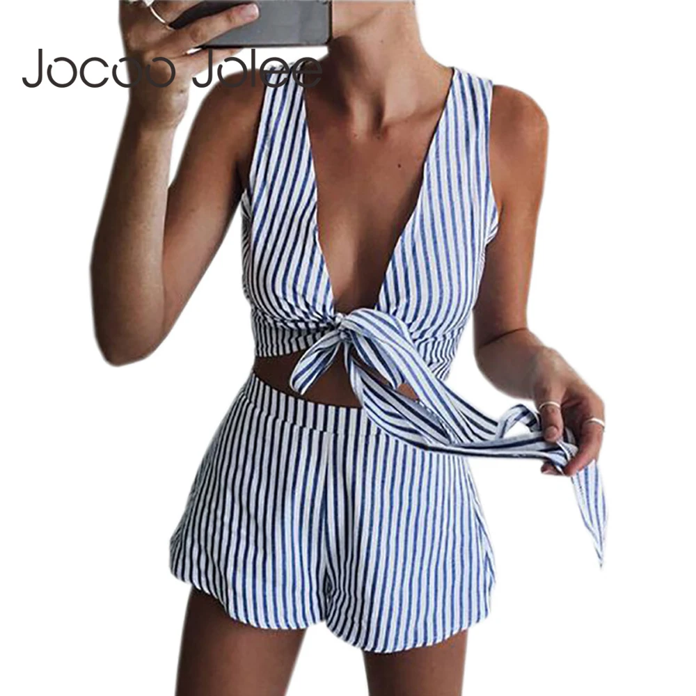 

Two Piece Set Blue Striped Playsuits Beach Casual Short Pants Jumpsuit Rompers Sexy Sleeveless V Neck Overalls Bodysuit Sashes
