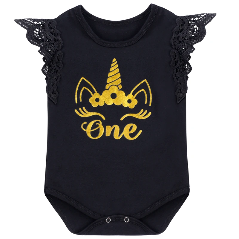 Summer Baby Bodysuit Unicorn Letter Black Sleeveless Romper Jumpsuit for 1st Birthday Party Cake Smash Cute Girls | Детская одежда и