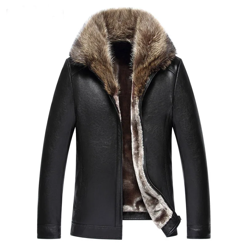 

2019 Natural Fur Collar Winter Leather Coat Men High Quality Wool Liner Fur Leather Jacket Mens