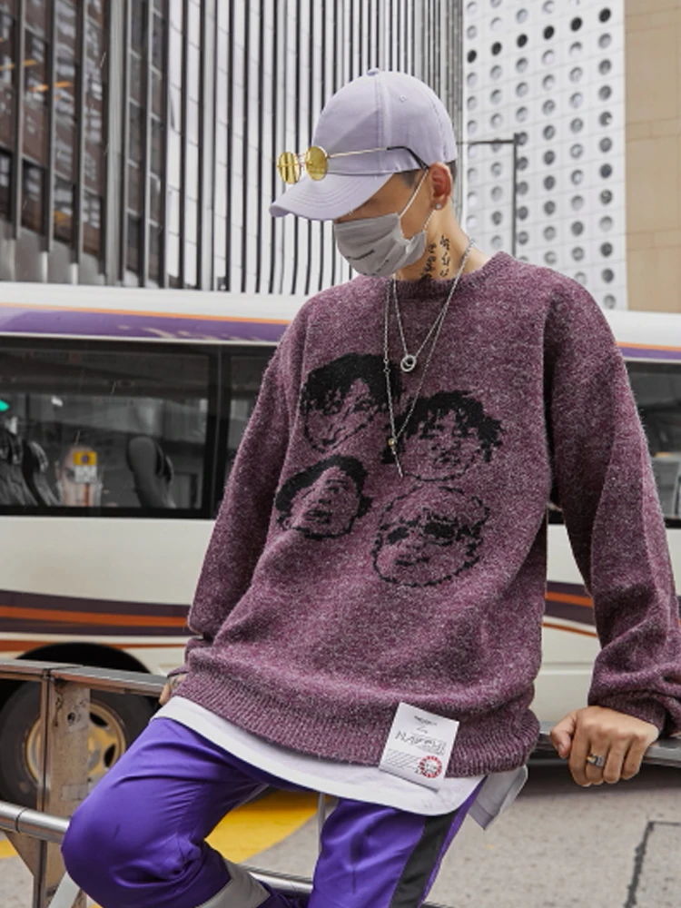 Dark Icon Jacquard Pullover Sweater Men Crew Neck Hip Hop Sweaters Streetwear Cloth Men