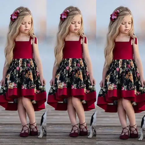 Летнее милое детское платье для маленьких девочек платье-пачка на бретельках без рукавов красного цвета с цветочным принтом; праздничное платье принцессы; платье с цветочным рисунком, сарафан, одежда из хлопка