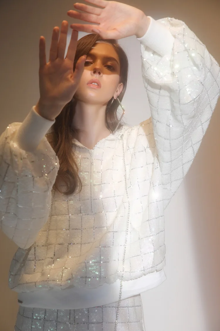 WHITNEY Ван 2018 Осенняя мода уличная Bling Блестки плед с капюшоном и брюки костюмы Для