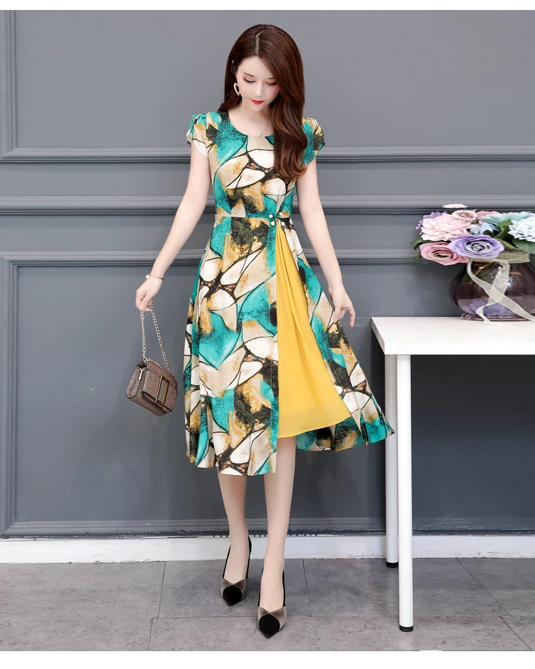 Большие размеры летнее шифоновое платье корейский Для женщин Элегантный тонкий с коротким рукавом Платье с цветочным узором Высокая талия Повседневная обувь, обувь для вечеринок Vestido