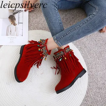 

Women Boots Winter Simple Joker Solid Color Fringe Boots National Wind Booties Height Increasing New Sexy Fashion Zip Ankle Red