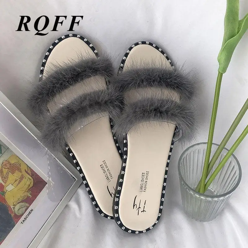 

RQFF Faux Fur Slides For Women Outside Slippers Summer 2019 Pvc Solid Open Toe Flat With Ladies Sandals Beige Gray Shoes Woman