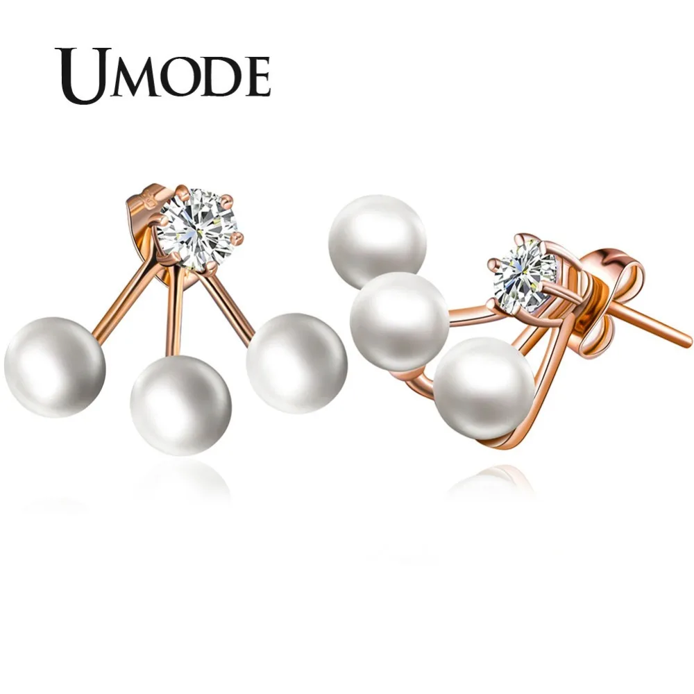 UMODE Симпатичные двухсторонние синтетический жемчуг серьги-гвоздики с курткой модные Brinco розовое золото цвет ювелирные изделия для женщин JE0255A