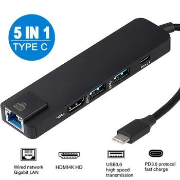 

hot 5 in 1 USB Type C Hub Hdmi 4K USB C Hub to Gigabit Ethernet Rj45 Lan Adapter for Mac book Pro Thunderbolt 3 USB-C Charger P