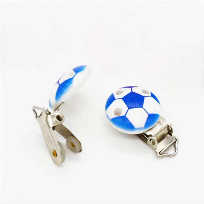 

5PCS Wood Baby Pacifier Clip Round Solid Blue Football Pattern White Wood Metal Holders 4.4cm x 2.9cm(1 6/8" x1 1/8")