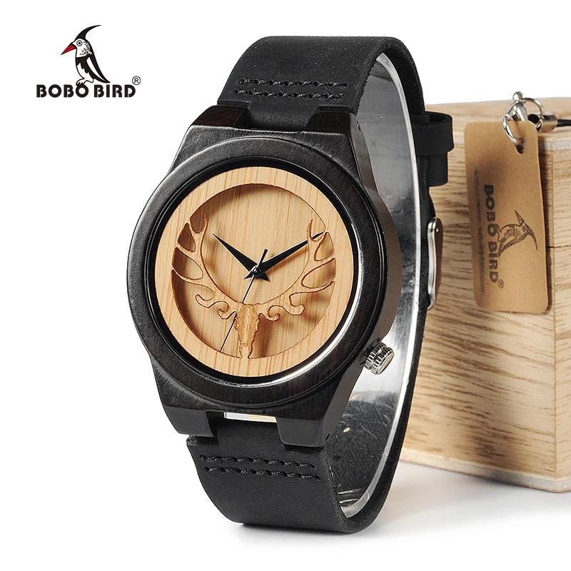 Achat BOBO BIRD WB18 Cerf Squelette Noir Bois Montres En Cuir Bande Hommes Top Marque Montres À Quartz Avec Boîte En Bois relogio OEM