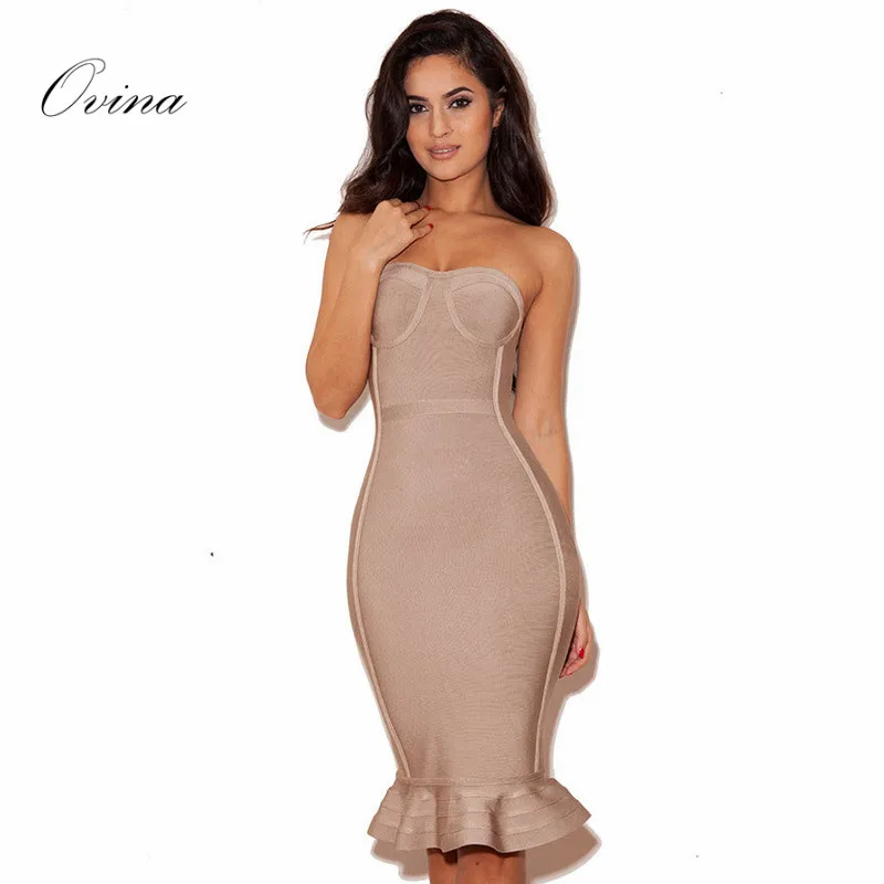 

Khaki Black Solid Bandage Dress Strapless Sleeveless Knee Length Fishtail Evening Party Dress