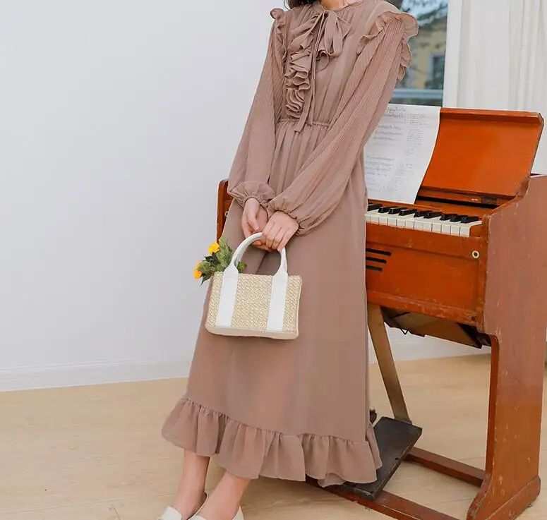 European style New arrivals summer Spring fashion women clothes temperament solid color vintage chiffon dress T3255