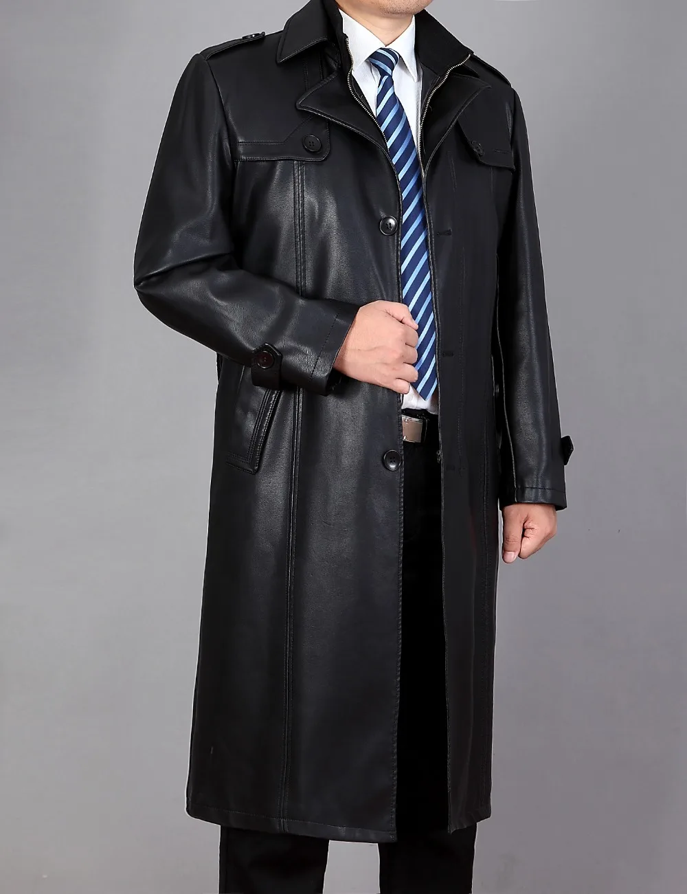 007 Новая модная зимняя мужская одежда из натуральной кожи пальто из овчины мужской кожаный длинный плащ