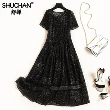 Shuchan Dress Female Summer A-line Print Stars Chiffon Patchwork Lace Sexy Mid-Calf Vestidos Mais Vendido High Quality 11600 Shuchan Dress Female Summer A-line Print Stars Chiffon Patchwork Lace Sexy Mid-Calf Vestidos Mais Vendido High Quality 11600