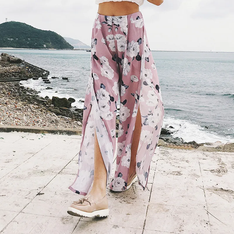 Women Sexy Loose Fit Bow Tie Striped Floral Print Wide Leg