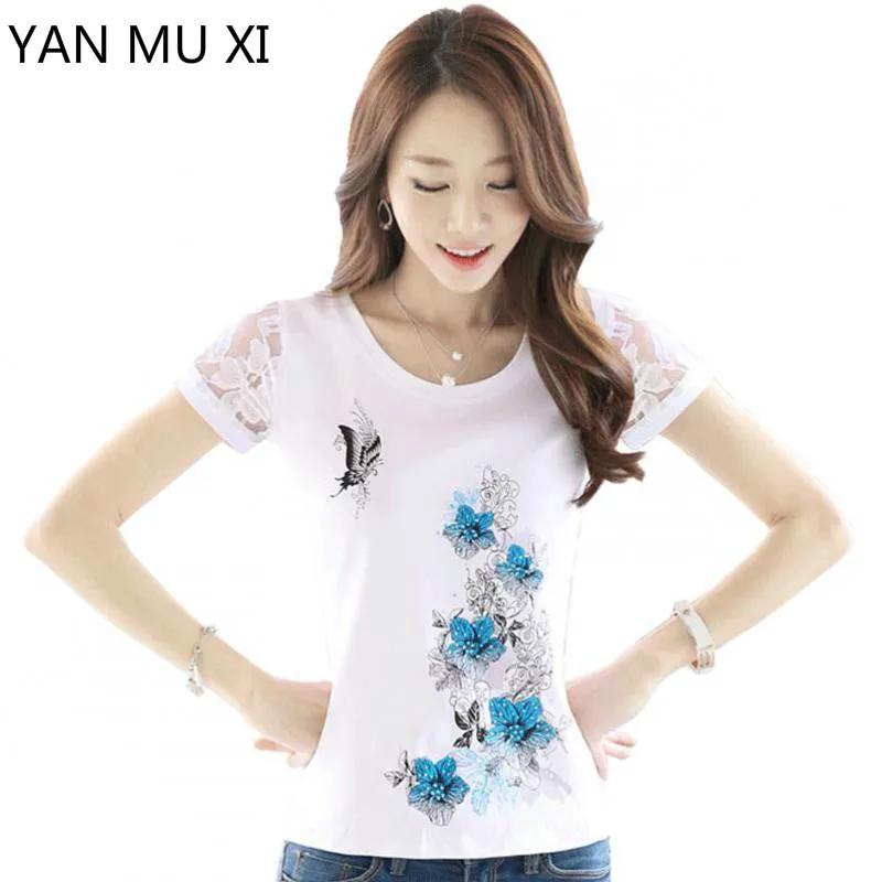 

New brand YAM MU XI 2017 Summer Ladies Short Sleeve T-shirt Female Embroidery Harajuku Slim Fashion Lace White Cotton T-shirt