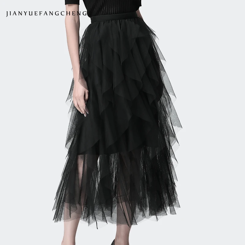 

2019 Summer 3D Ruffles Tulle Skirt Solid Color Elastic High Waist A-Line Irregular Plus Size All-Match Mesh Long Women' Skirt